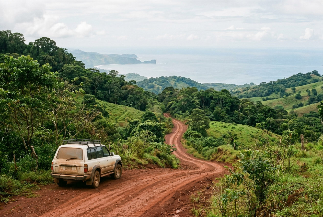 A vehicle on a red-dirt mountain road above Uvita with rainforest and pasture