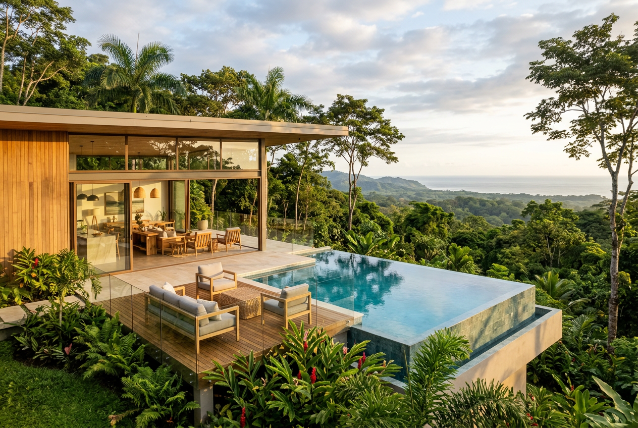 Pool and rainforest garden at a residential home in Ojochal, Costa Rica