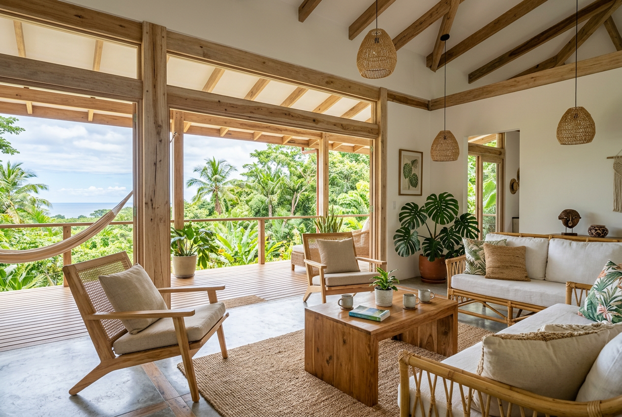 Covered open-air terrace and pool of a long-term rental home overlooking rainforest