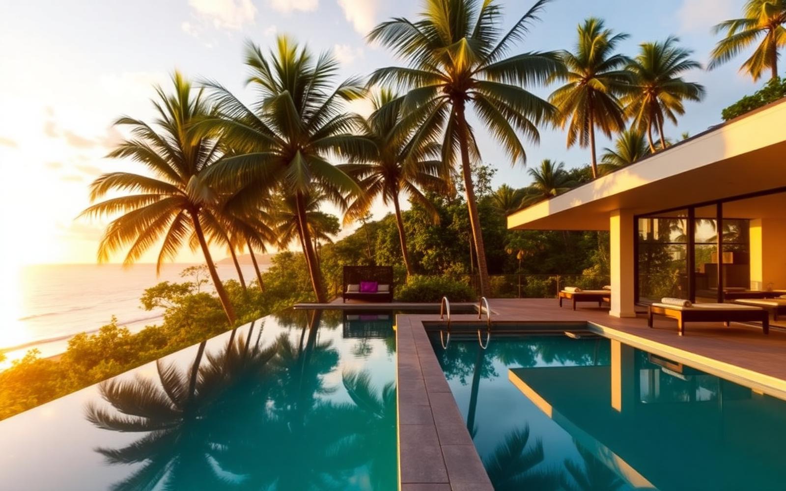 Tropical ocean-view villa with infinity pool at sunset in Costa Rica's Southern Zone